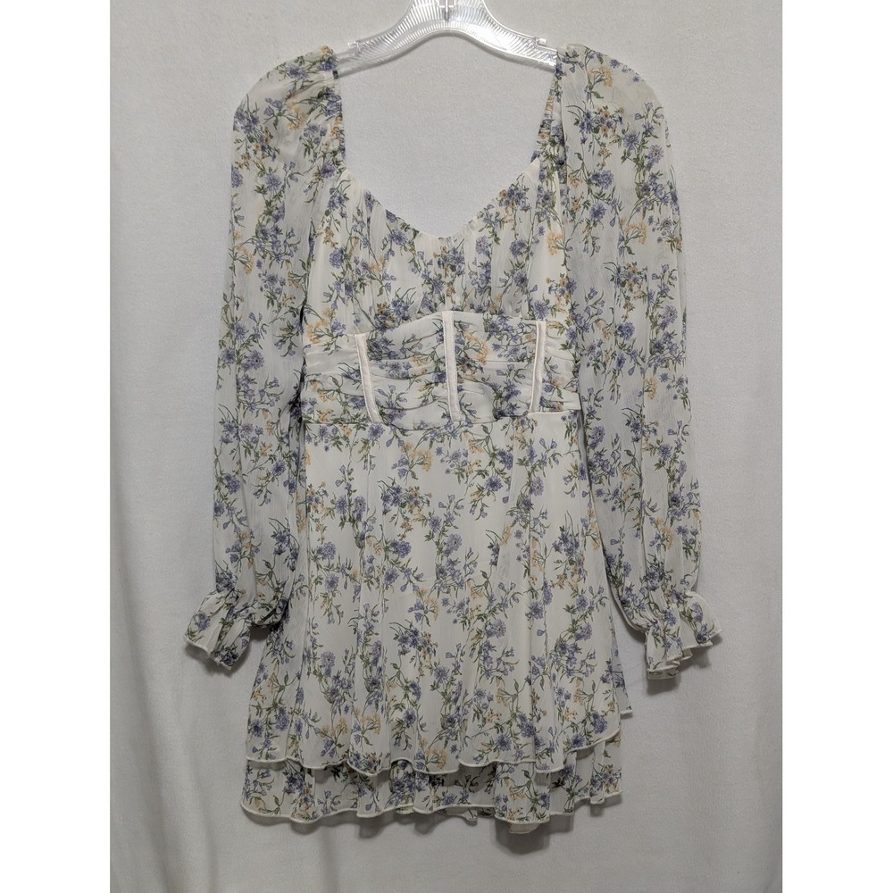 Allison & Kelly Floral Mini Dress White Purple Ruched Corset Smocked Back Small